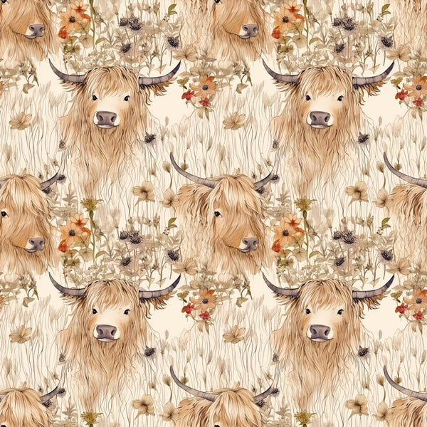 Legacy Creations Highland Cows Pattern 5 Fabric White Canvas / Yard